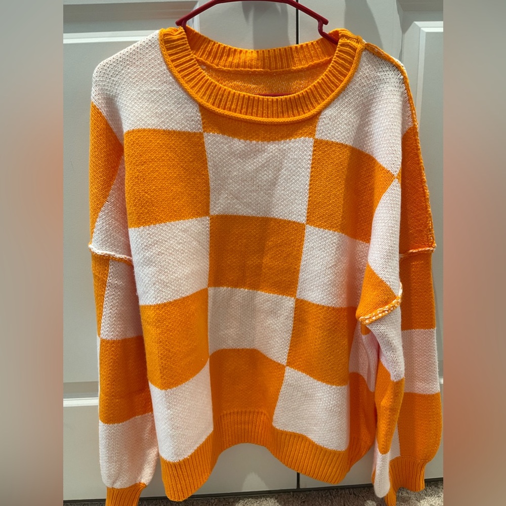 Orange and White Checkered Sweater NWOT